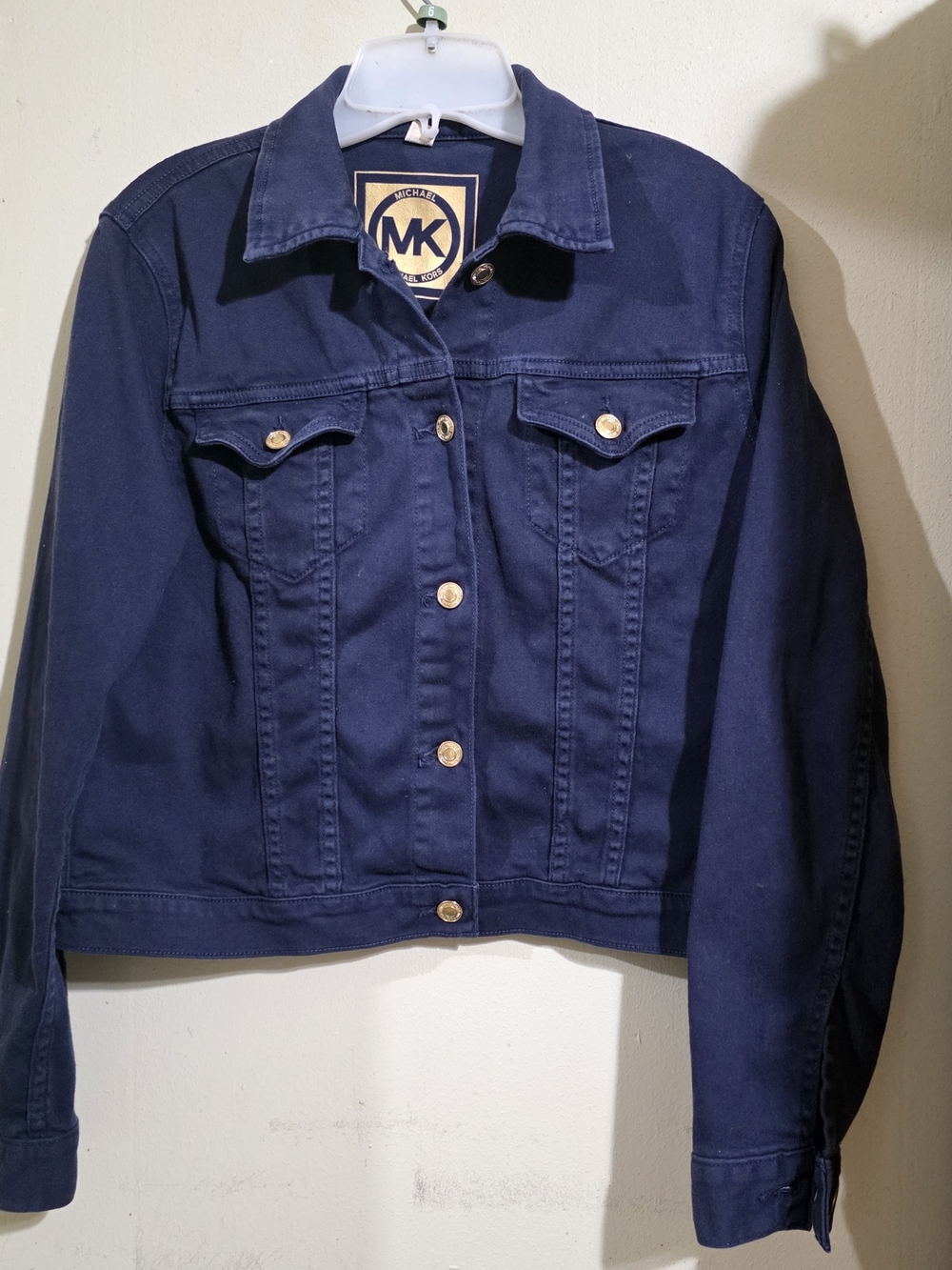 Michaels Kors Navy Blue Cropped Denim Jacket Gold Buttons Size L